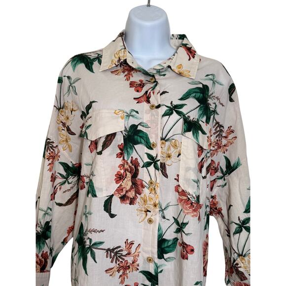 Zara Floral Button Down Tunic Top L Longline Shirt Dress Boho Cottagecore Chic - Picture 2 of 8
